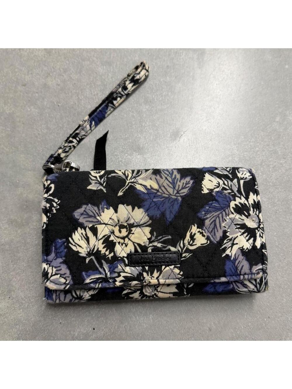 2000s Vera Bradley Floral Accordion Wallet Wristlet Black Blue Card Organizer